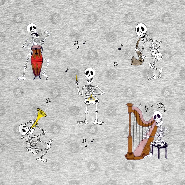 Skeleton Musicians - Harp, Conga, Sax, Trumpet and Triangle by Kathy Braceland Art